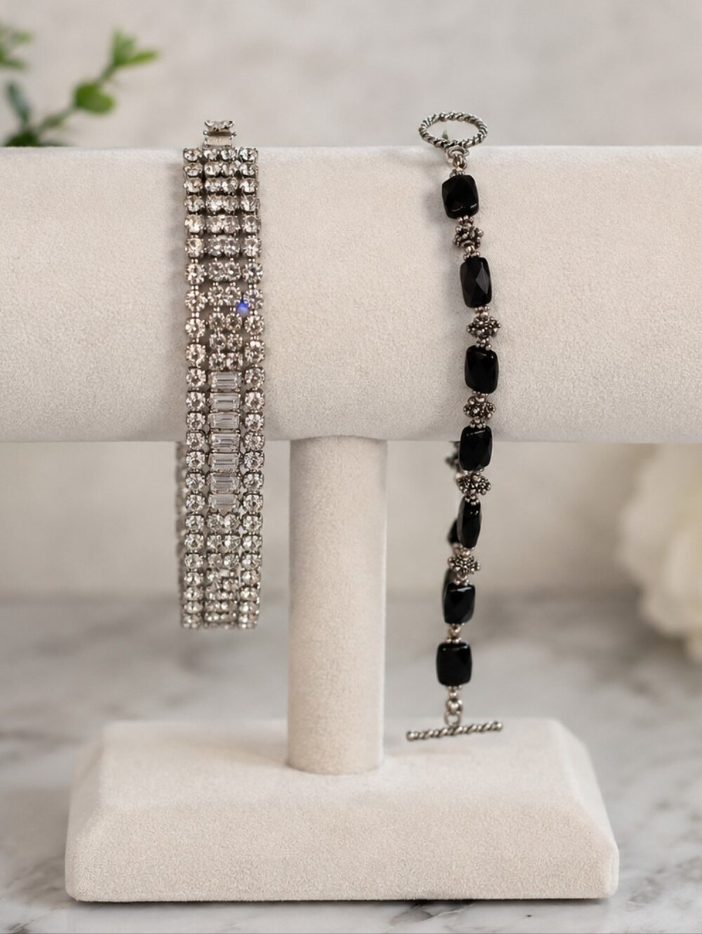 Silver Tone Clear Rhinestone Wide Statement + Black Bead Toggle Bracelet Set